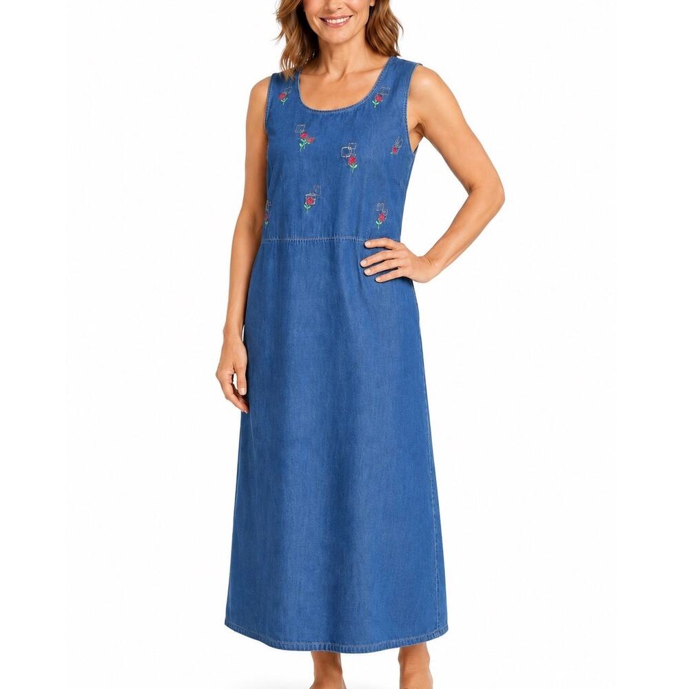 Vintage Denim Floral Pink Embroidered Jumper Dress Cottagecore Midi Romantic
